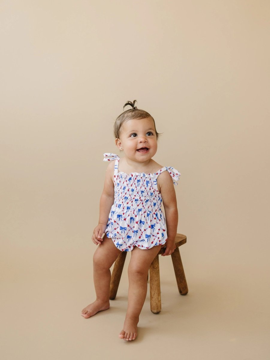 Little Joy Co. Smocked Red White And Bows Bamboo Bubble Romper For Baby - Everetts Place Boutique - 