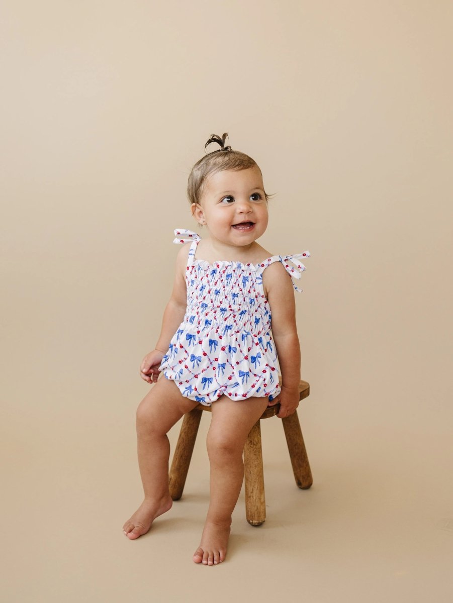 Little Joy Co. Smocked Red White And Bows Bamboo Bubble Romper For Baby - Everetts Place Boutique - 