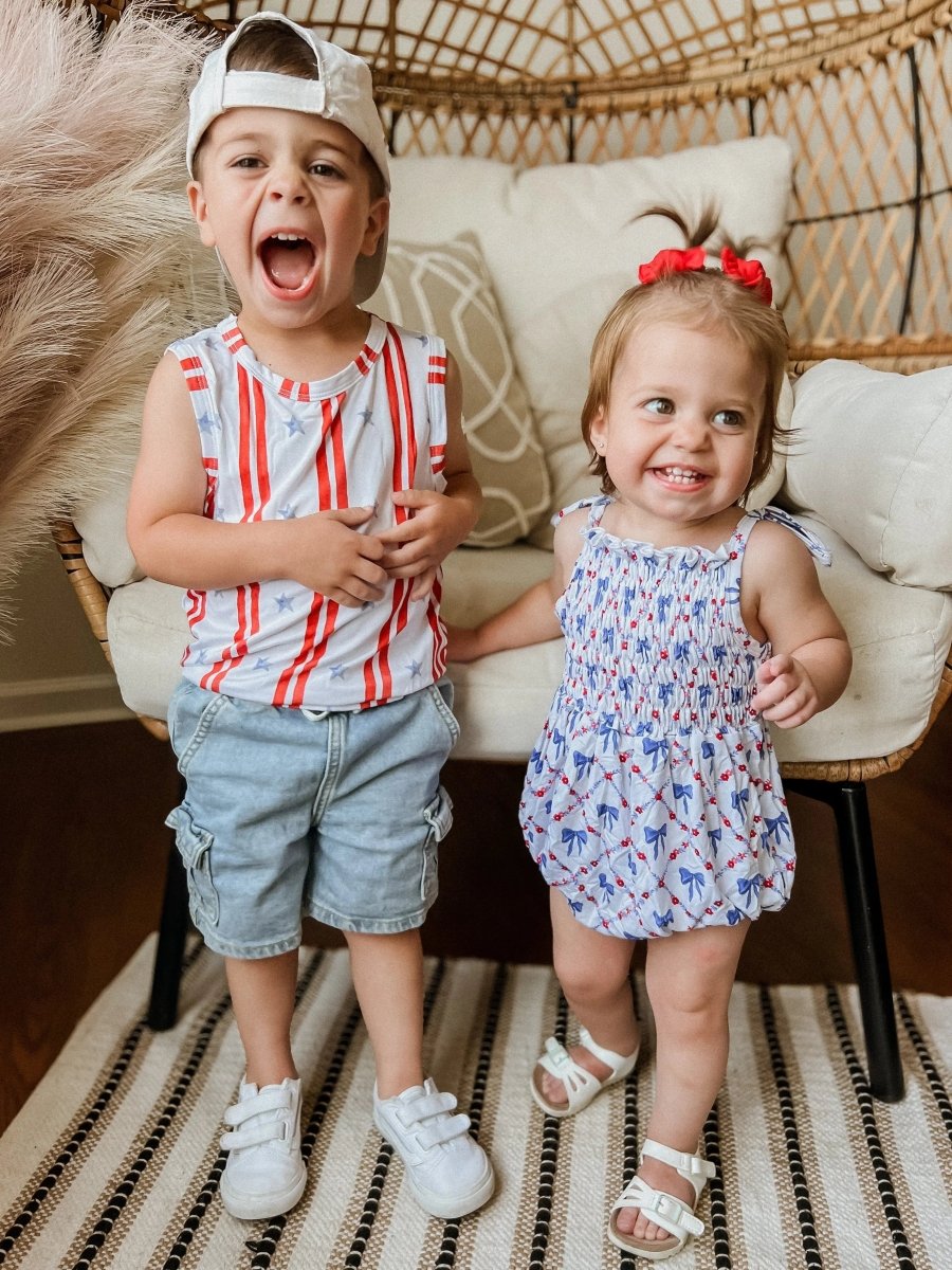 Little Joy Co. Smocked Red White And Bows Bamboo Bubble Romper For Baby - Everetts Place Boutique - 
