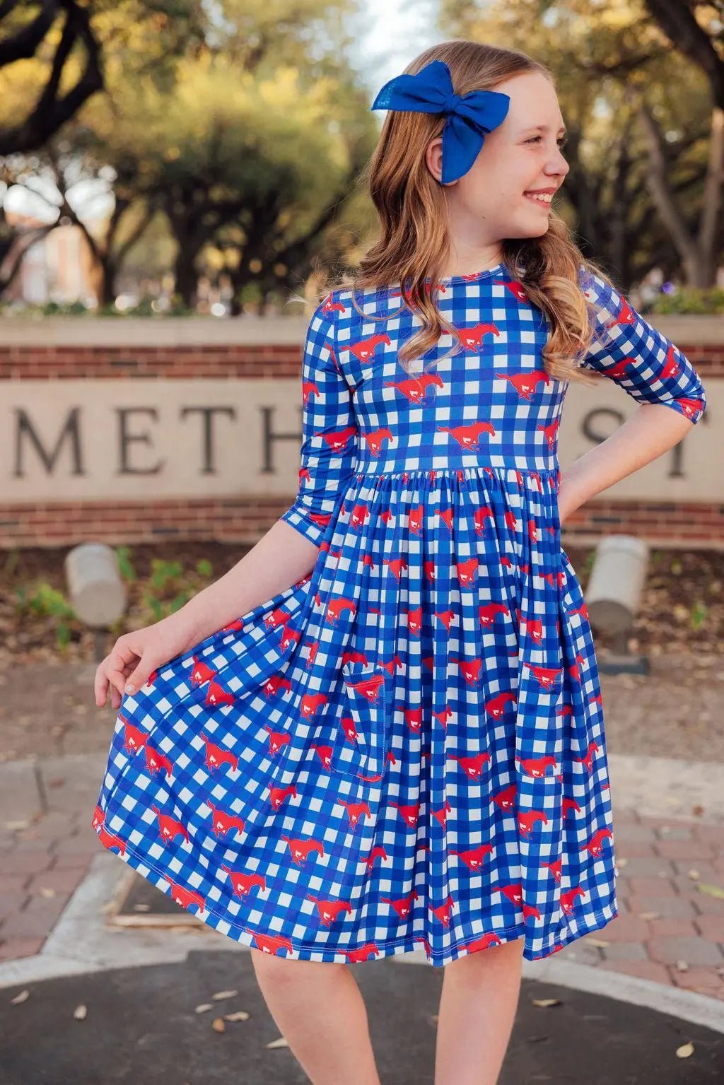 Mila & Rose ® SMU Plaid Mustang 3/4 Sleeve Pocket Twirl Dress - 