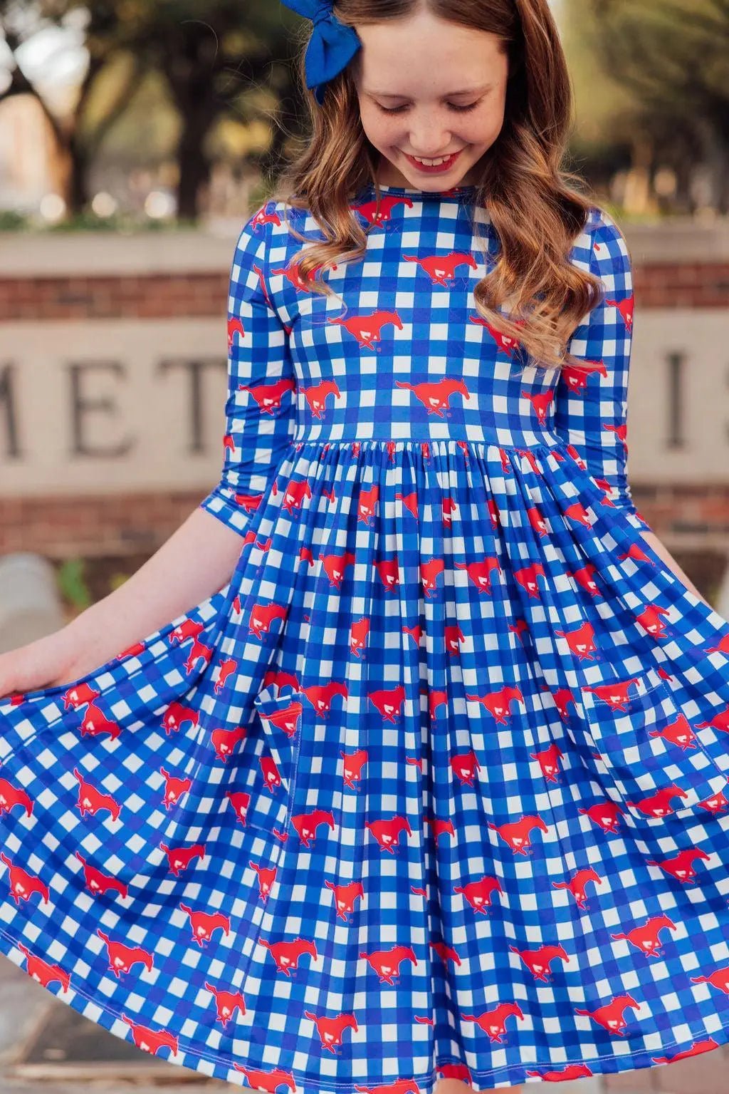Mila & Rose ® SMU Plaid Mustang 3/4 Sleeve Pocket Twirl Dress - 