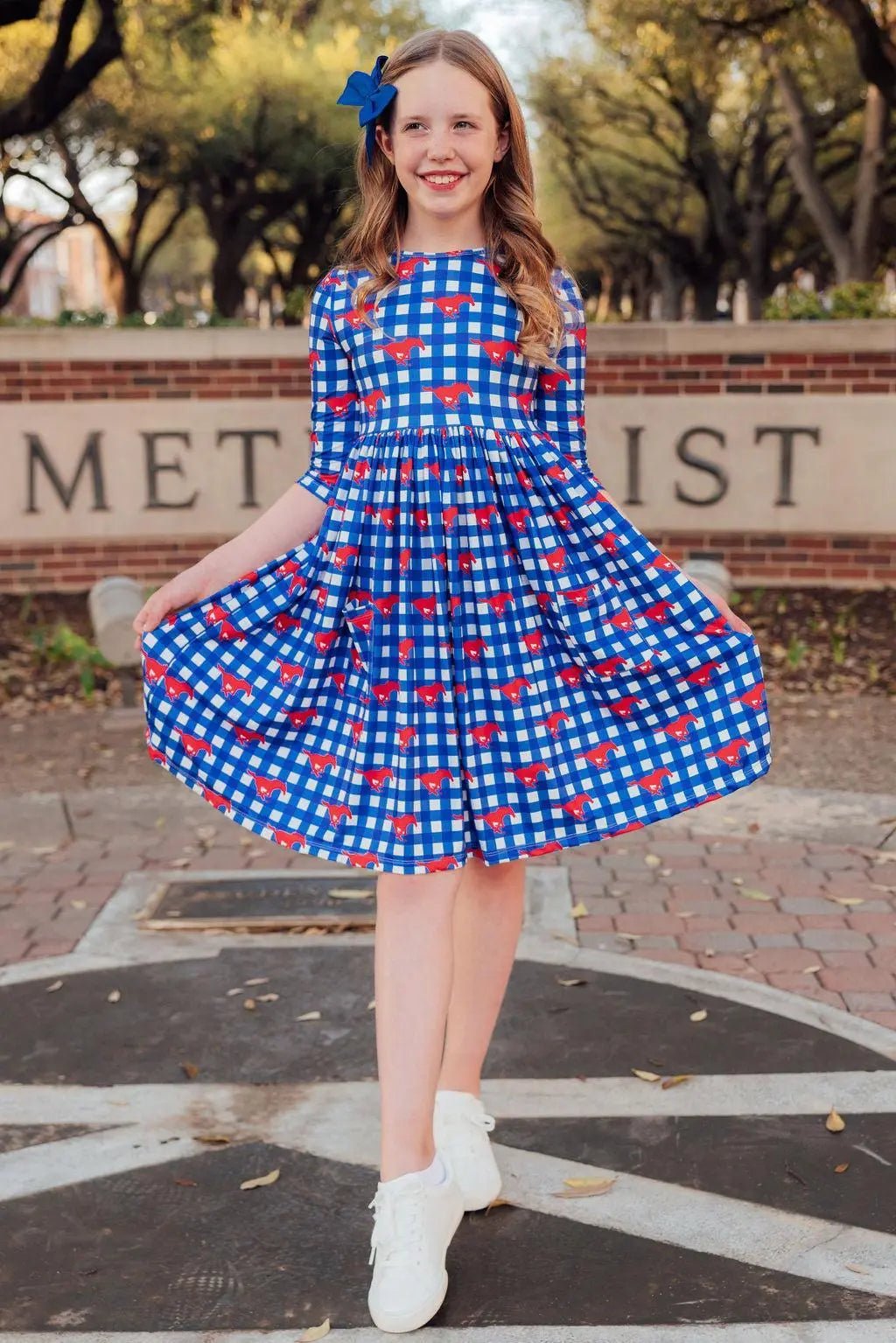 Mila & Rose ® SMU Plaid Mustang 3/4 Sleeve Pocket Twirl Dress - 