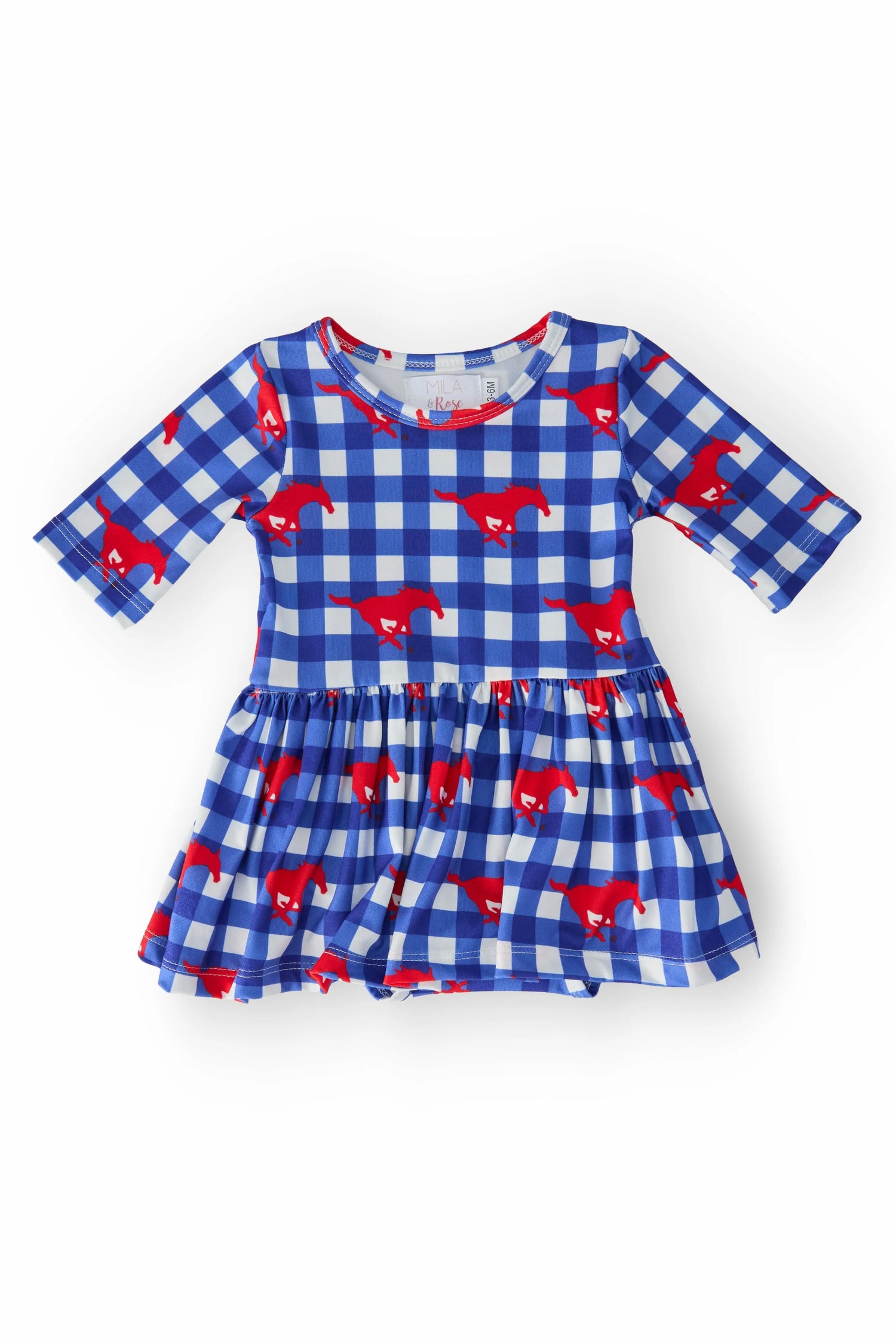 Mila & Rose ® SMU Plaid Mustang 3/4 Sleeve Twirl Bodysuit - 
