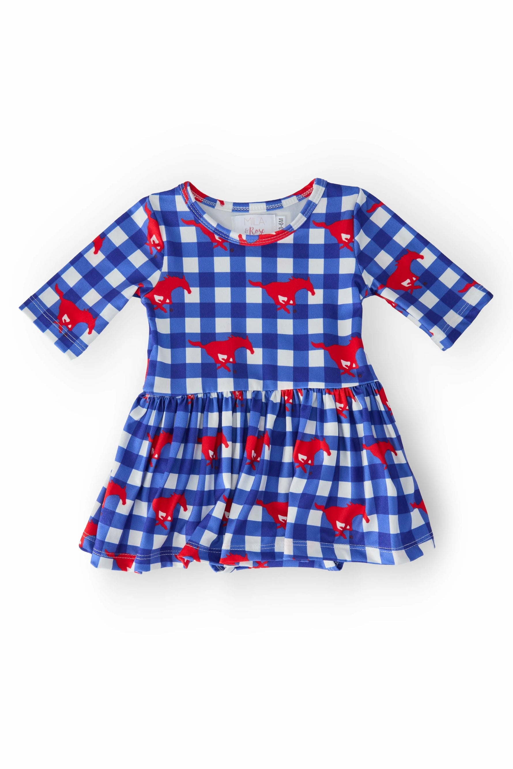 Mila & Rose ® SMU Plaid Mustang 3/4 Sleeve Twirl Bodysuit - 