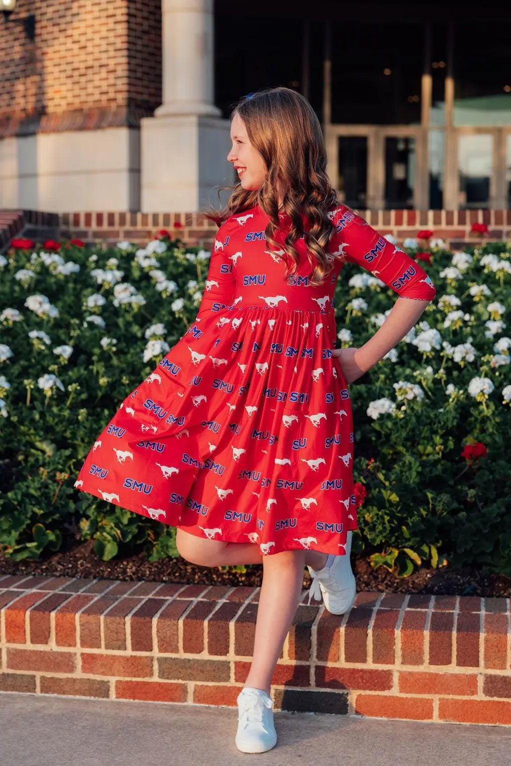 Mila & Rose ® SMU Red Mustang 3/4 Sleeve Pocket Twirl Dress - 