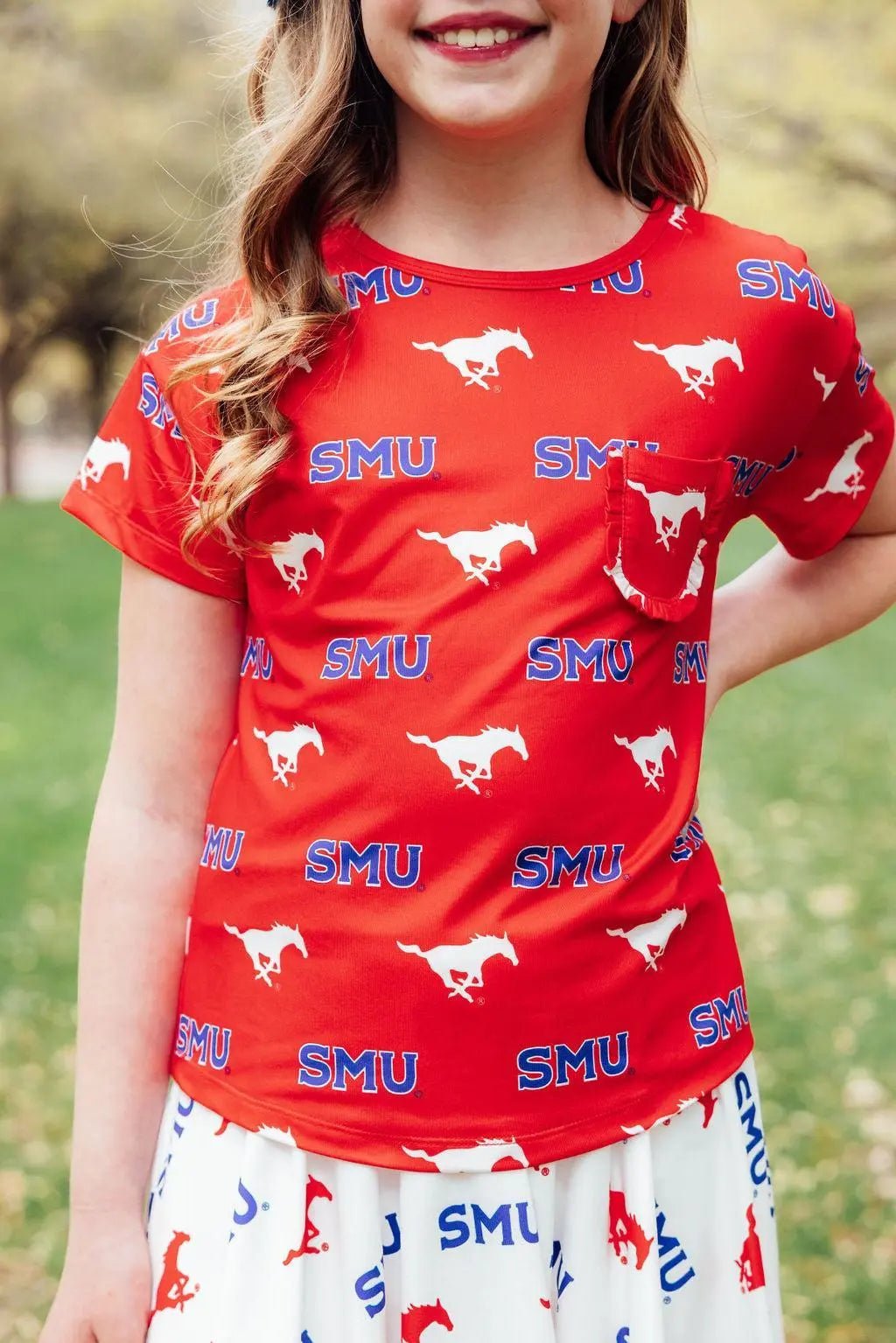 Mila & Rose ® SMU Red Mustang Ruffle Pocket Tee - 