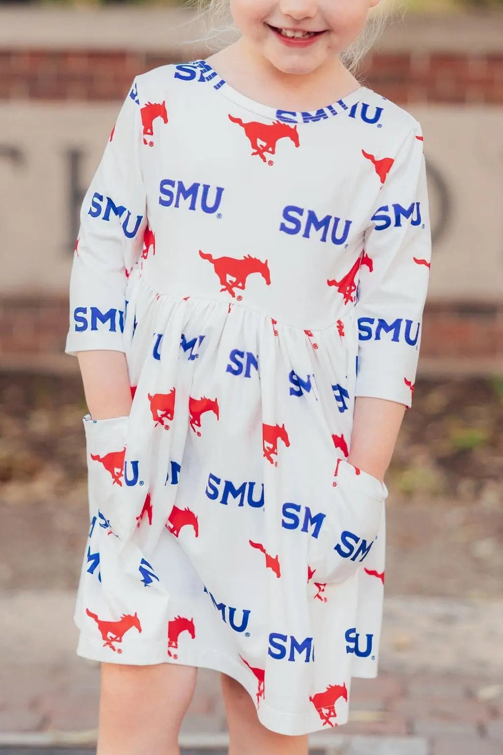 Mila & Rose ® SMU White Mustang 3/4 Sleeve Pocket Twirl Dress - 