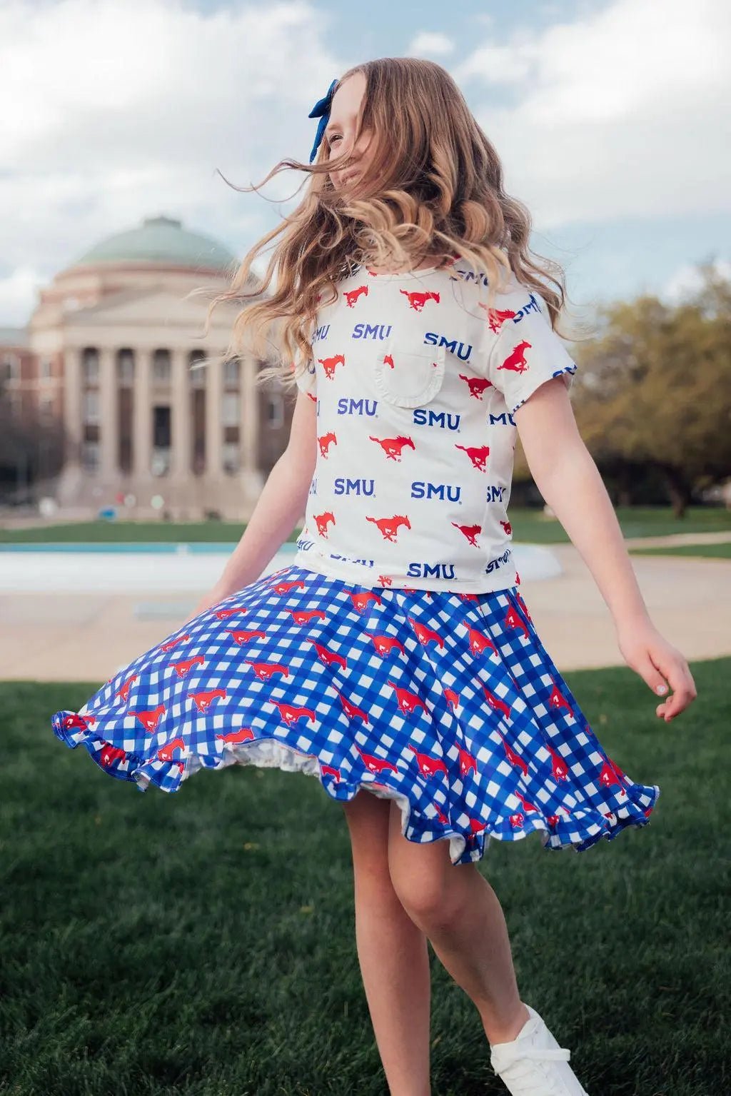 Mila & Rose ® SMU White Mustang Ruffle Pocket Tee - 