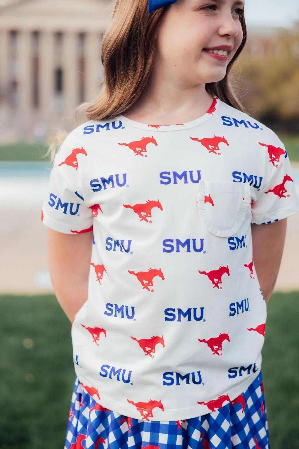 Mila & Rose ® SMU White Mustang Ruffle Pocket Tee - 