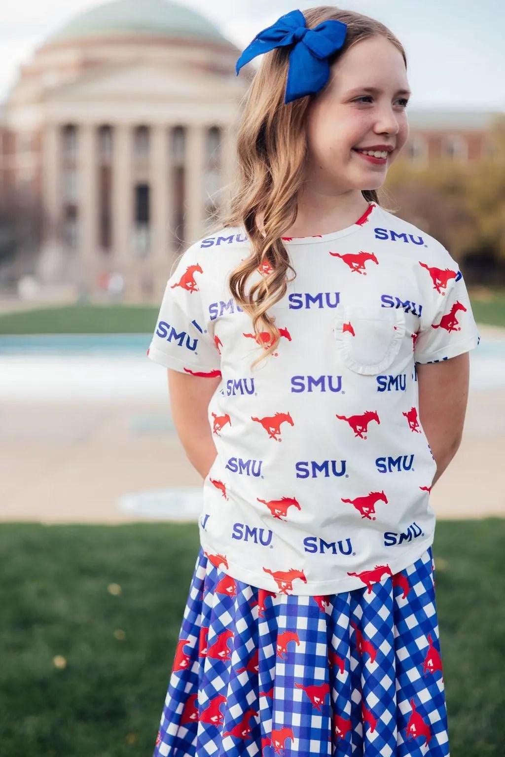 Mila & Rose ® SMU White Mustang Ruffle Pocket Tee - 