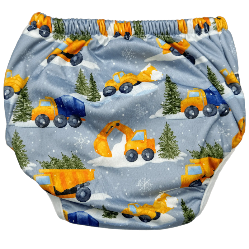 Snowy Daze Training Pants with truck pattern on blue background, featuring bamboo terry layers and elastic waist.