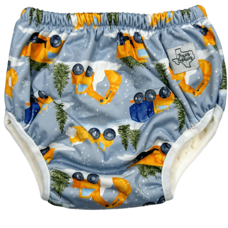 Snowy Daze - Training Pants with colorful vehicle design and bamboo lining for toddlers.