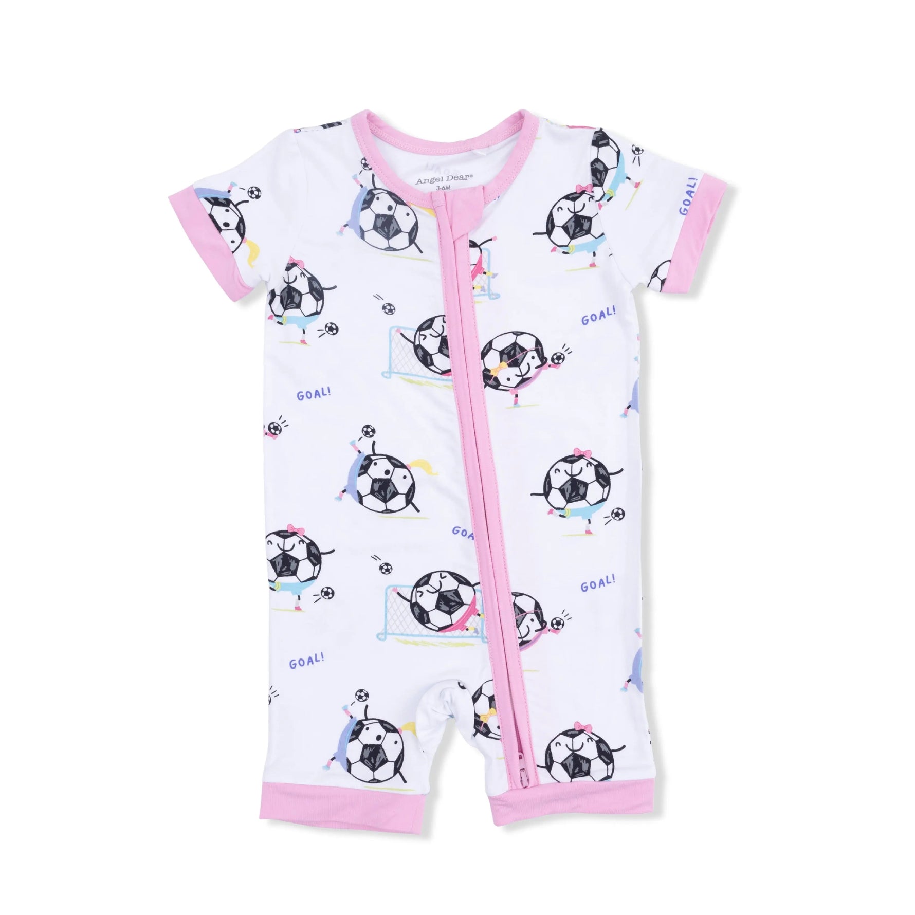 Angel Dear Soccer Balls Playing Soccer Pink - Shortie 2 Way Zipper Romper - 