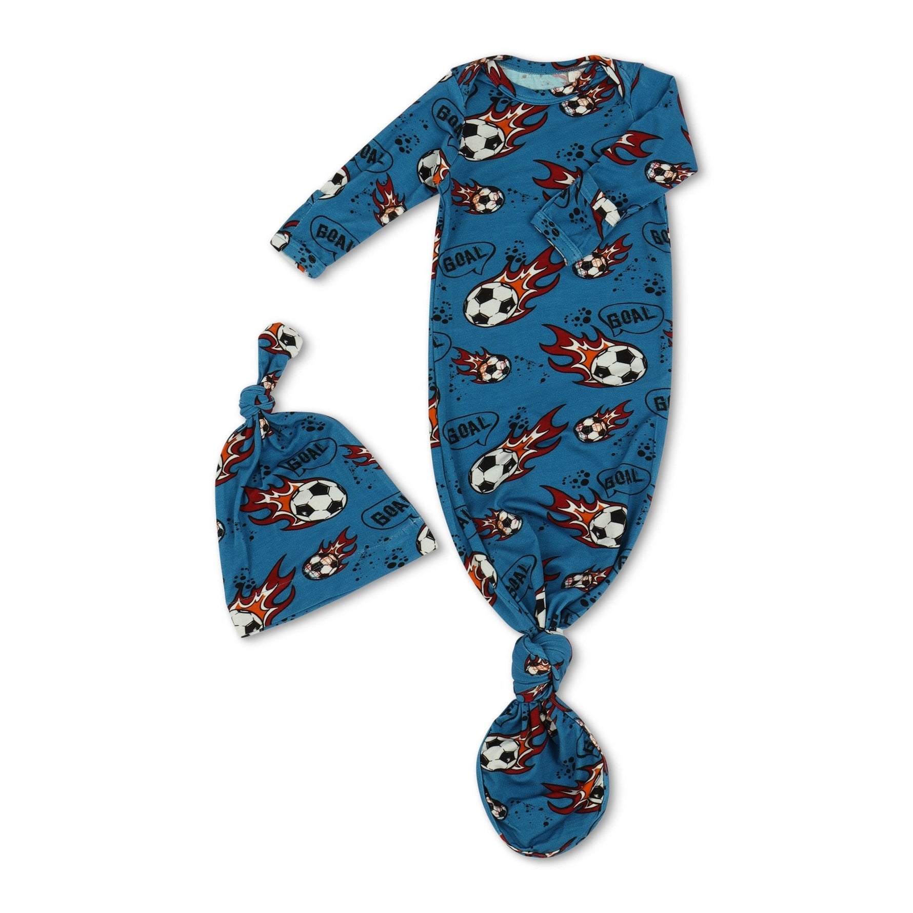 Baby gown with soccer ball print and fold-over mittens, shown with a matching hat.