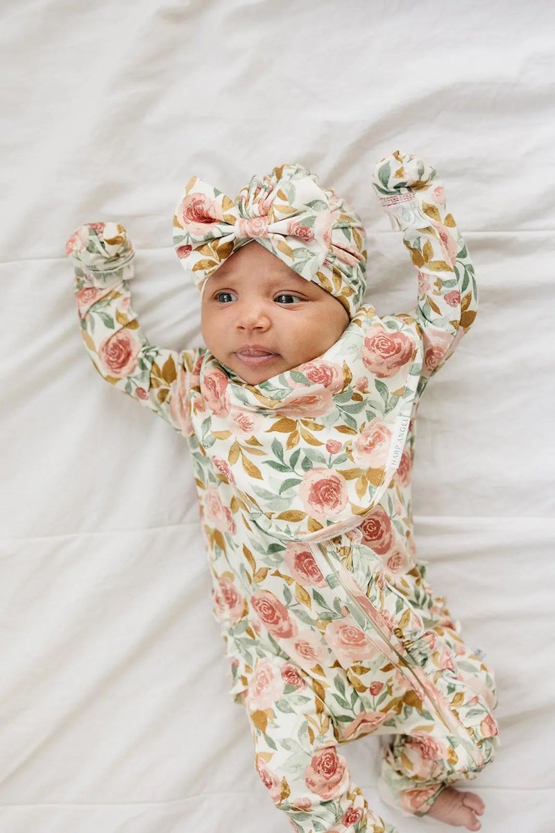 Harp Angel Boutique Soft Bamboo Bow Turban Hat with Floral Design for Newborn Girls - 