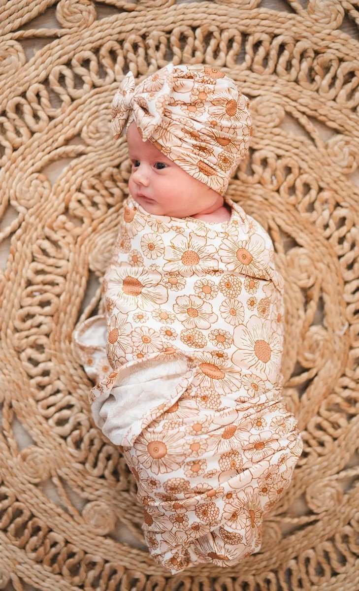 Harp Angel Boutique Soft Bamboo Bow Turban Hat with Floral Design for Newborn Girls - 