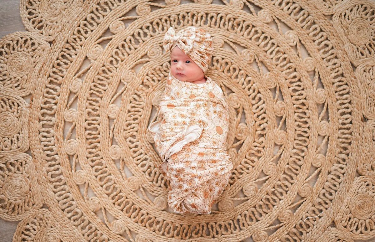 Harp Angel Boutique Soft Bamboo Bow Turban Hat with Floral Design for Newborn Girls - 