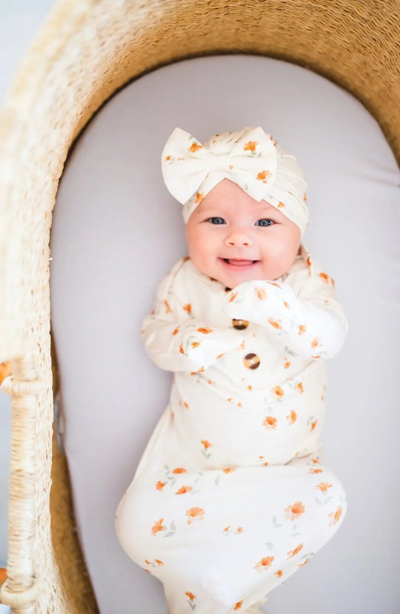 Harp Angel Boutique Soft Bamboo Bow Turban Hat with Floral Design for Newborn Girls - 