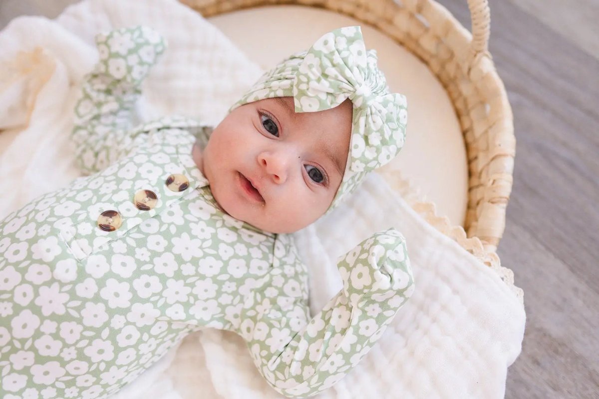 Harp Angel Boutique Soft Bamboo Bow Turban Hat with Sage Ditsy Floral for Newborn Girls - 