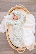 Harp Angel Boutique Soft Bamboo Bow Turban Hat with Sage Ditsy Floral for Newborn Girls - 