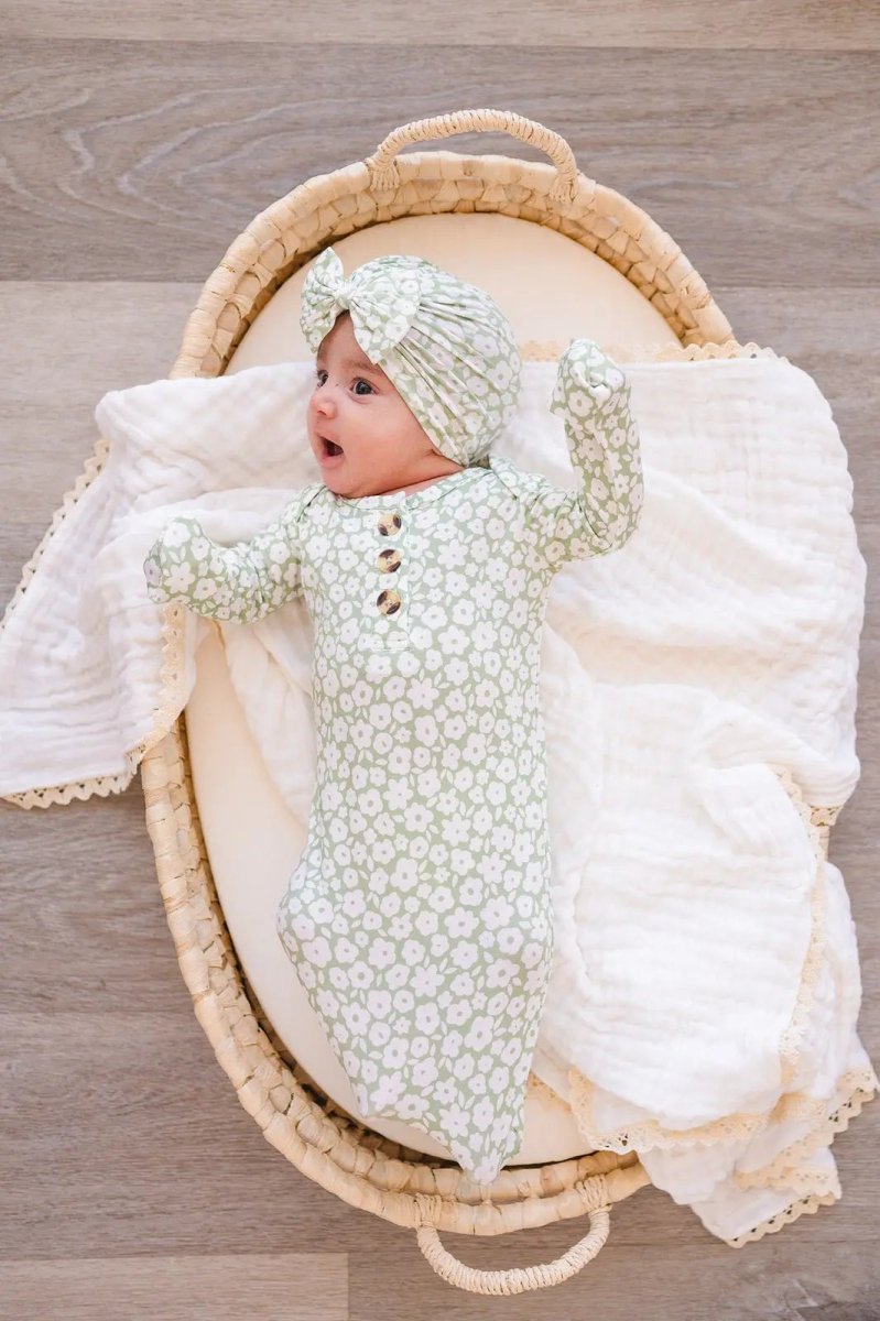 Harp Angel Boutique Soft Bamboo Bow Turban Hat with Sage Ditsy Floral for Newborn Girls - 