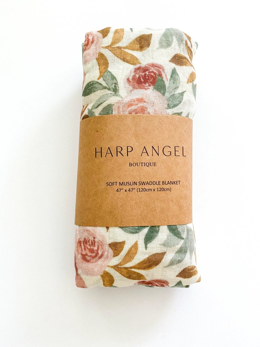 Harp Angel Boutique Soft Bamboo Muslin Swaddle Blanket in Dusty Pink Floral for Newborns - 