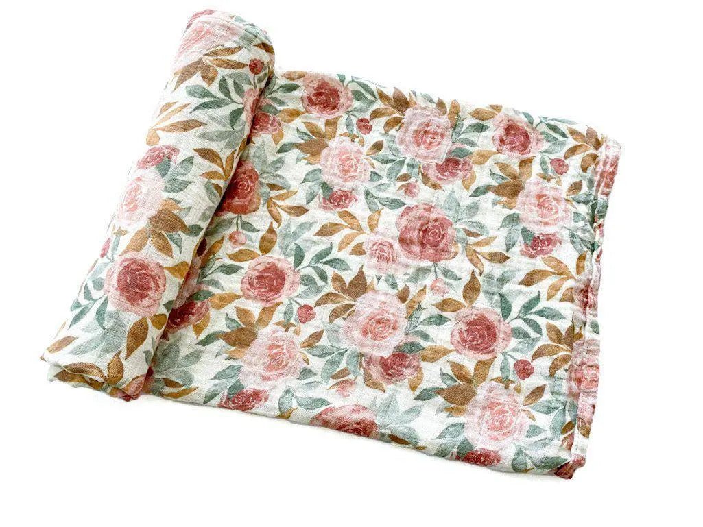 Harp Angel Boutique Soft Bamboo Muslin Swaddle Blanket in Dusty Pink Floral for Newborns - 
