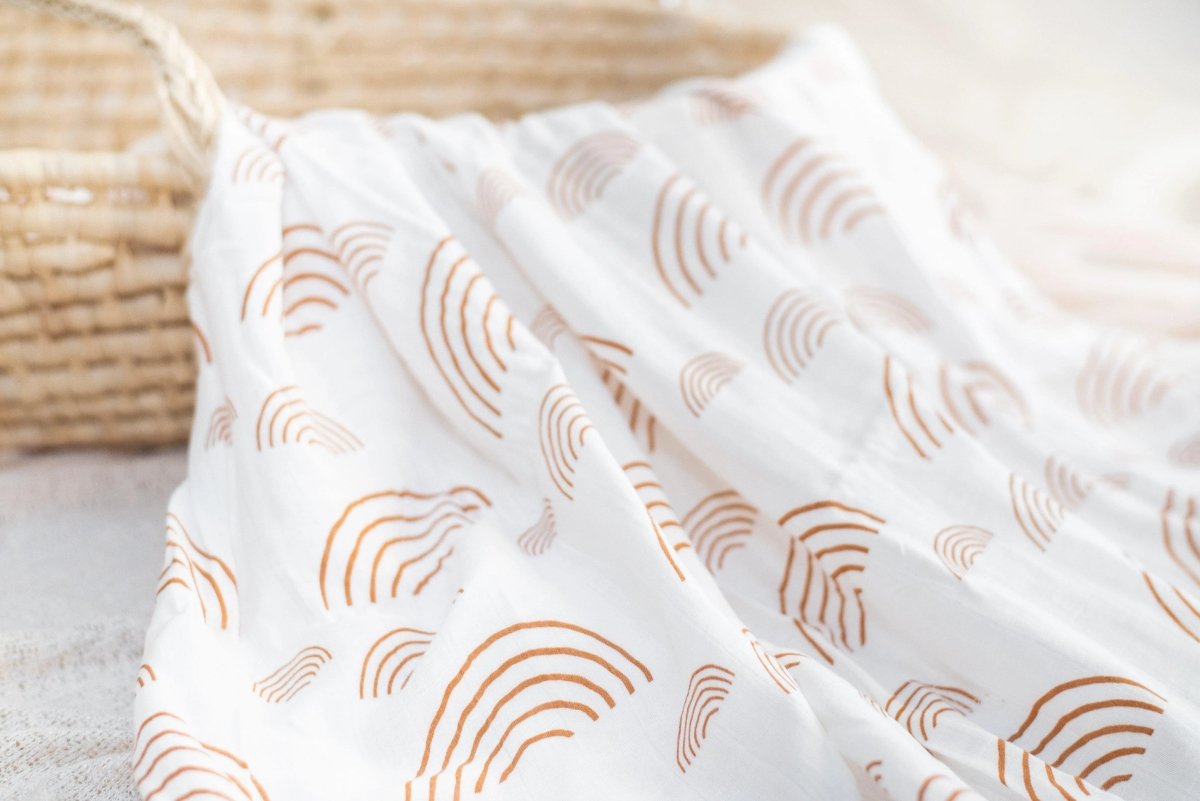 Harp Angel Boutique Soft Bamboo Muslin Swaddle Blanket with Caramel Rainbow Design for Newborns - 
