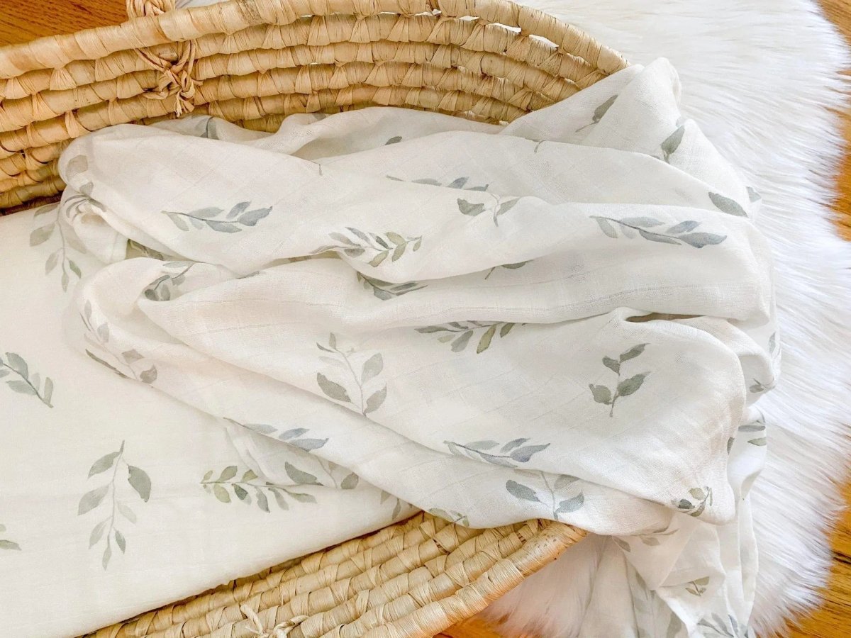 Harp Angel Boutique Soft Bamboo Muslin Swaddle Blanket with Green Leaves Design for Newborns - 