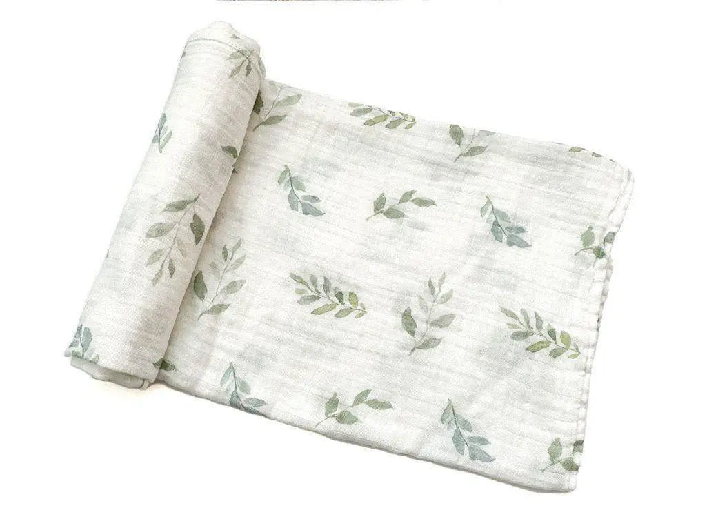 Harp Angel Boutique Soft Bamboo Muslin Swaddle Blanket with Green Leaves Design for Newborns - 