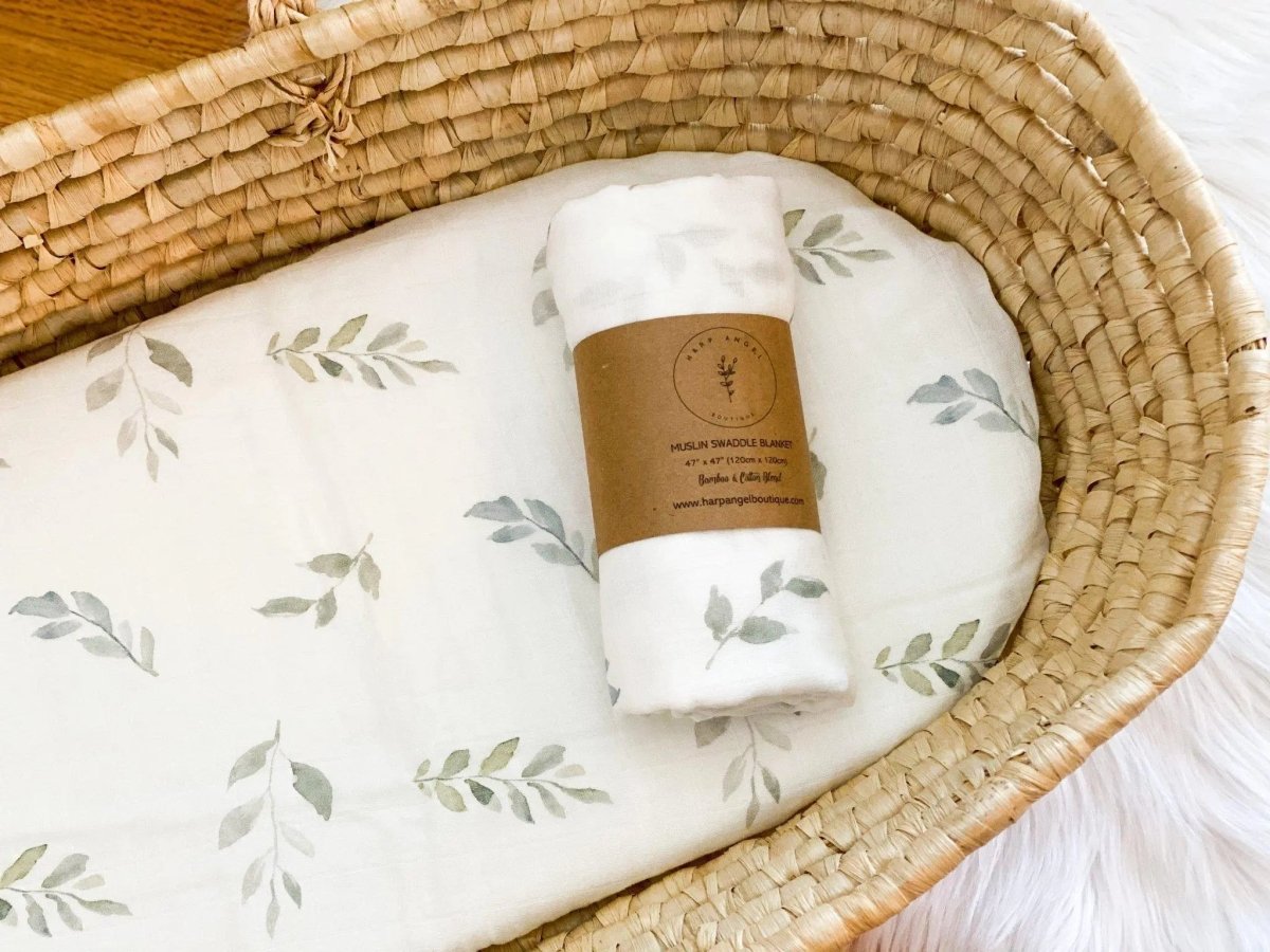Harp Angel Boutique Soft Bamboo Muslin Swaddle Blanket with Green Leaves Design for Newborns - 