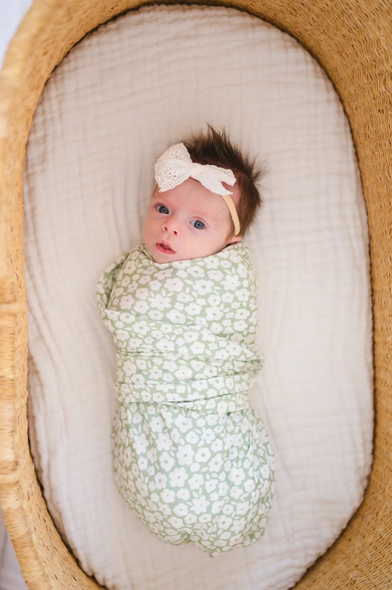 Harp Angel Boutique Soft Bamboo Stretch Swaddle Blanket with Sage Ditsy Floral for Infants - 