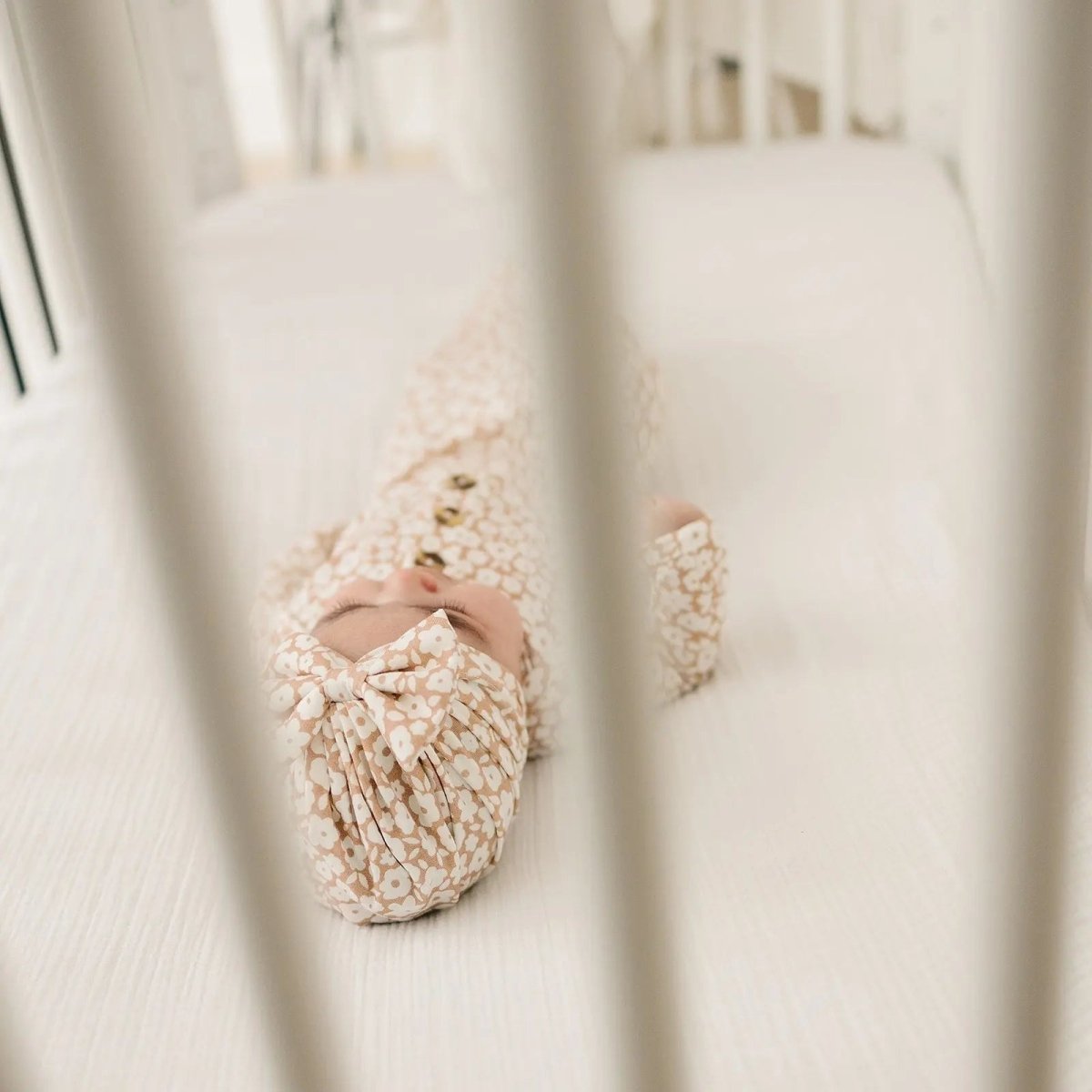 Harp Angel Boutique Soft Bamboo Turban Hat with Bow for Newborn Girls in Mocha Floral - 