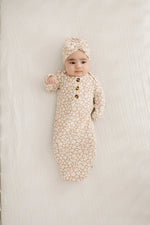 Harp Angel Boutique Soft Bamboo Turban Hat with Bow for Newborn Girls in Mocha Floral - 