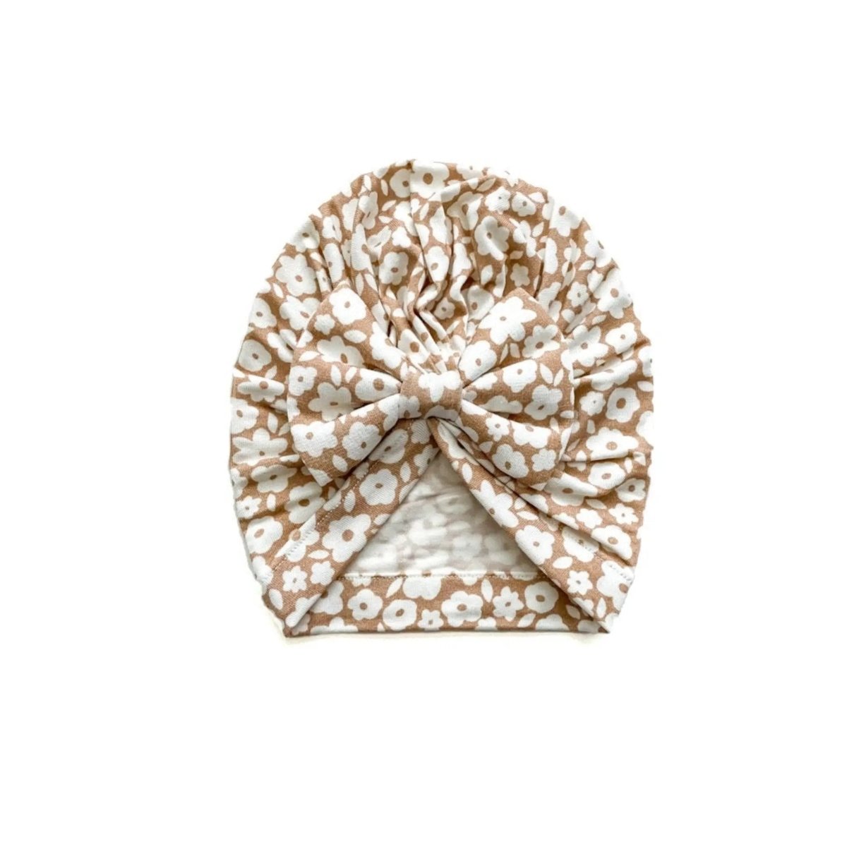 Harp Angel Boutique Soft Bamboo Turban Hat with Bow for Newborn Girls in Mocha Floral - 