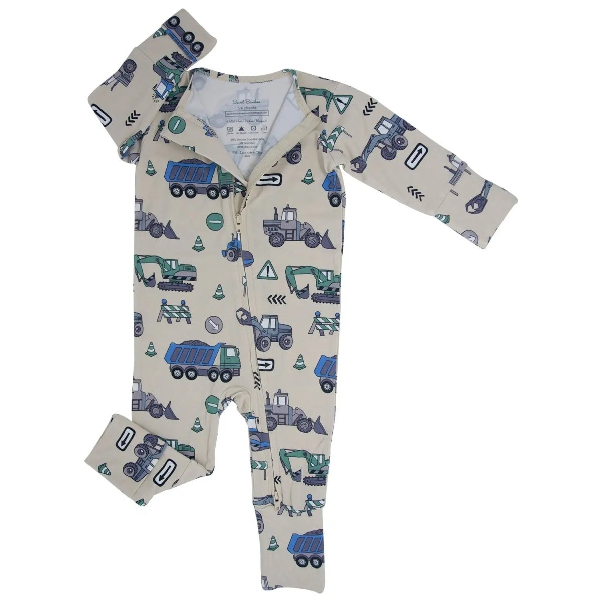 Sweet Bamboo Soft Cotton Convertible Romper with Trucks and Diggers for Babies - 