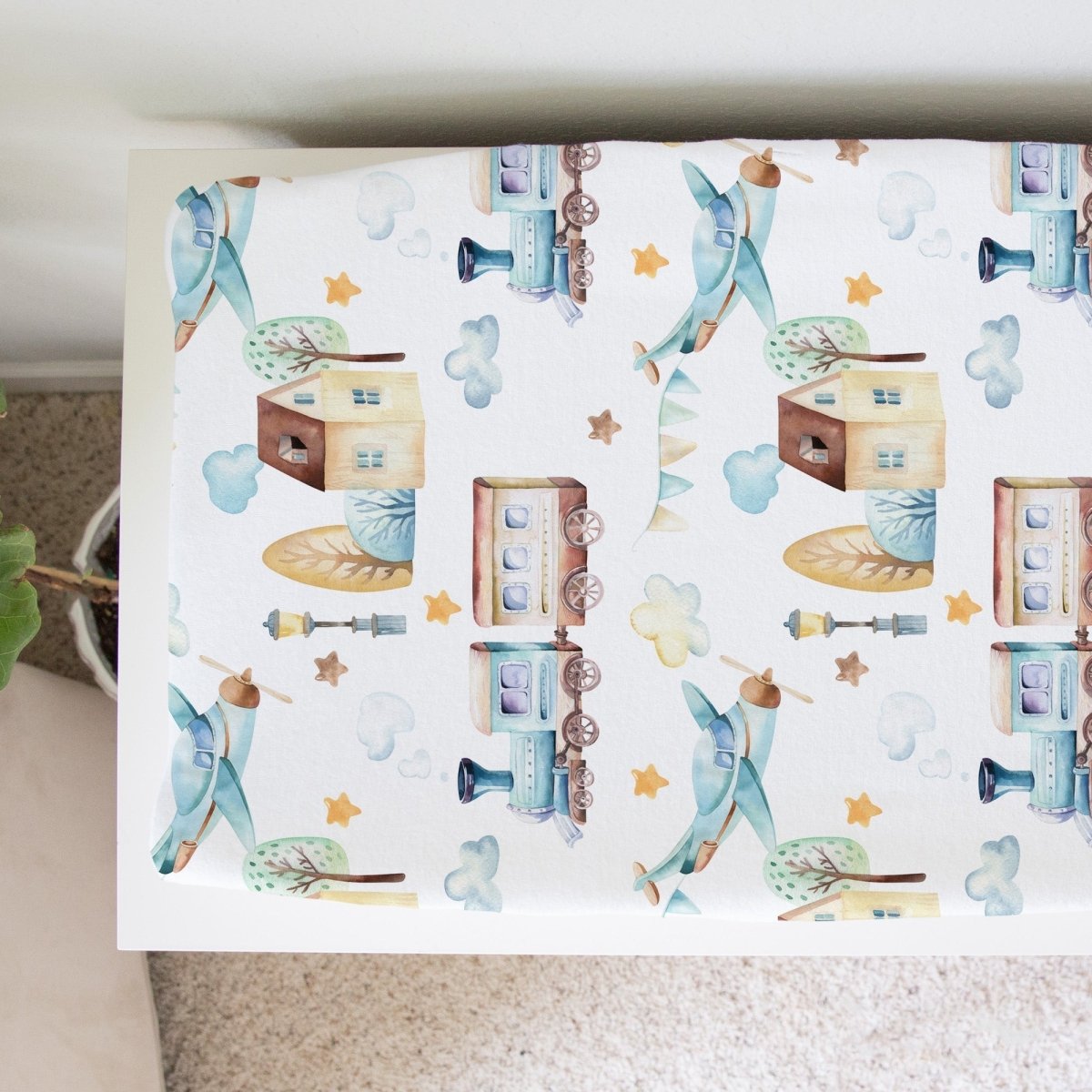 Honey Lemonade Soft Fabric Changing Pad Cover with Airplane Train Design for Baby Nursery - 