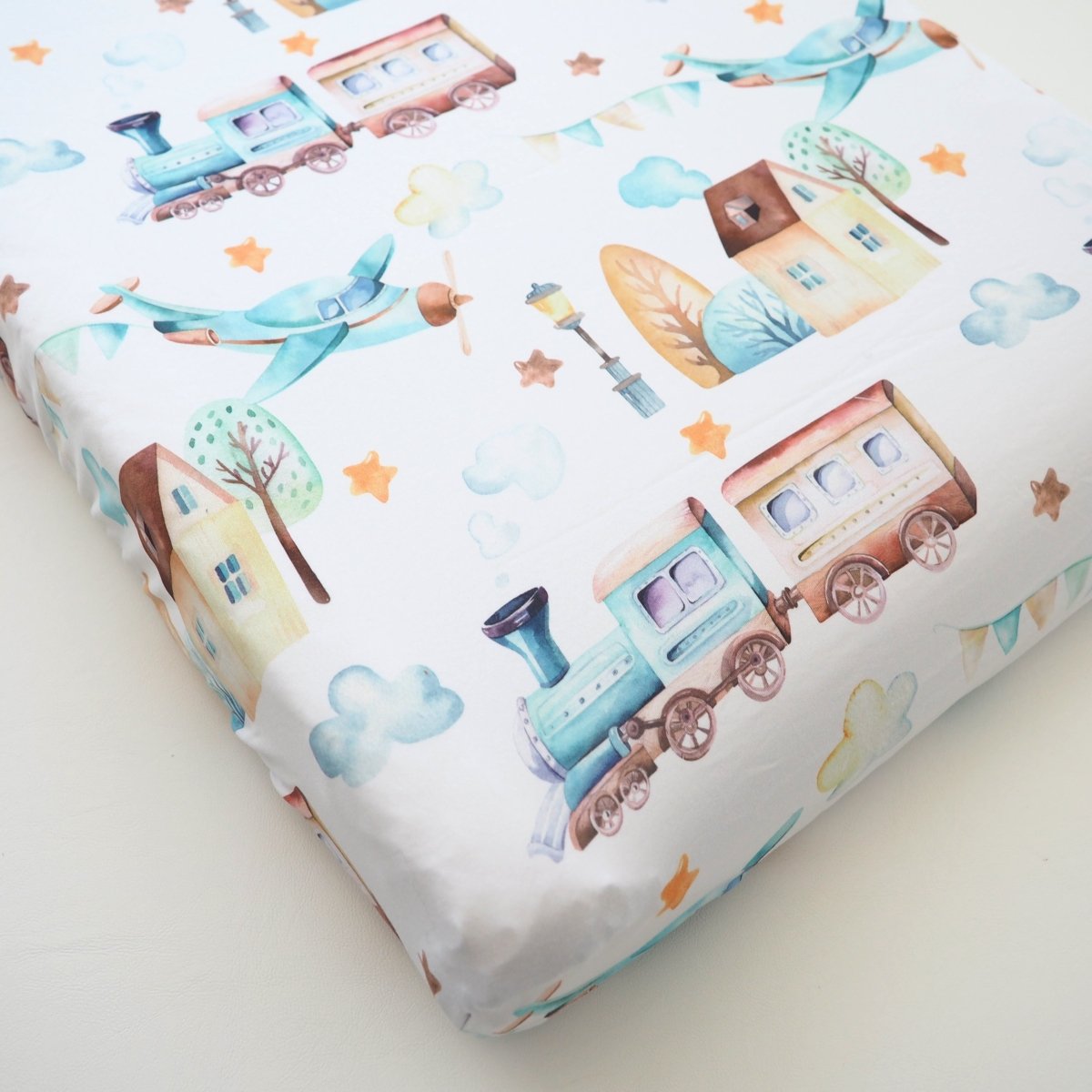 Honey Lemonade Soft Fabric Changing Pad Cover with Airplane Train Design for Baby Nursery - 