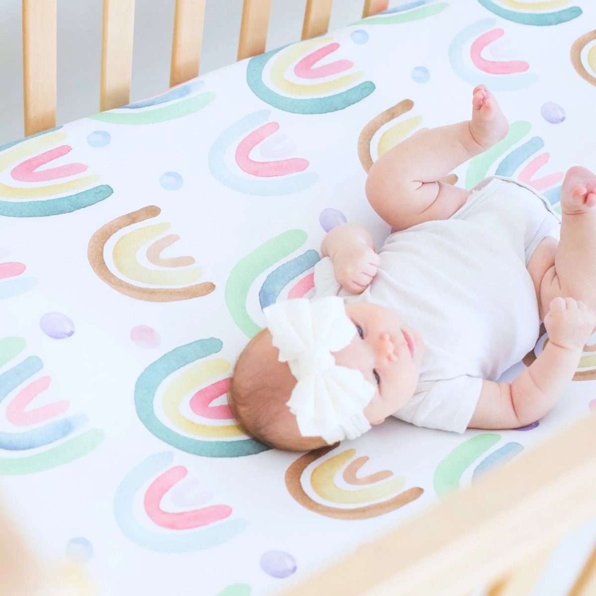 Honey Lemonade Soft Fitted Crib Sheet with Blue Rainbow Design for Baby Photography - 