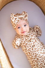Harp Angel Boutique Soft Leopard Bow Turban Hat for Newborn Girls with Stretchy Comfort - 
