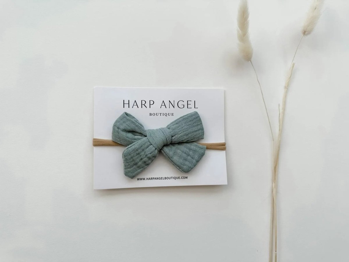 Harp Angel Boutique Soft Muslin Knot Bow Headband in Sage Green for Newborn to Toddler - 