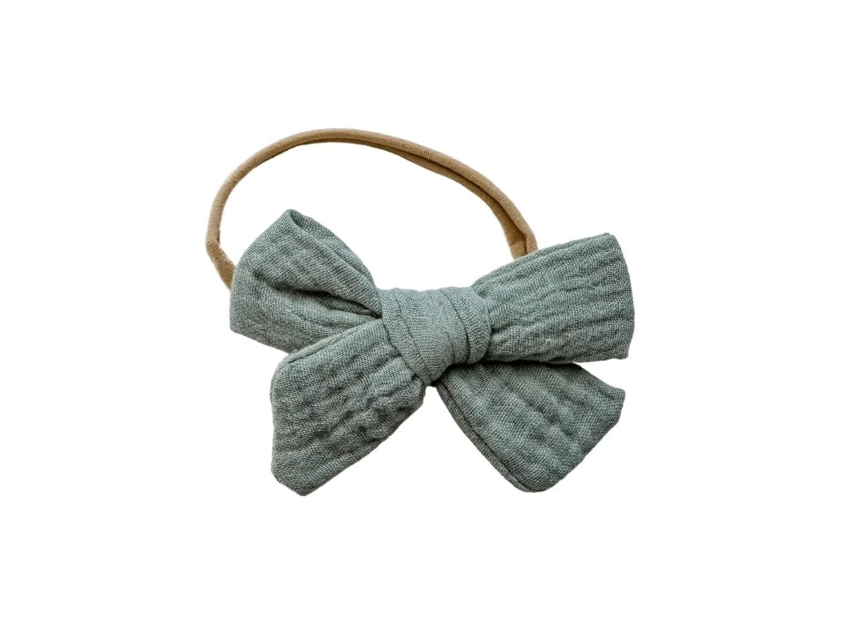 Harp Angel Boutique Soft Muslin Knot Bow Headband in Sage Green for Newborn to Toddler - 