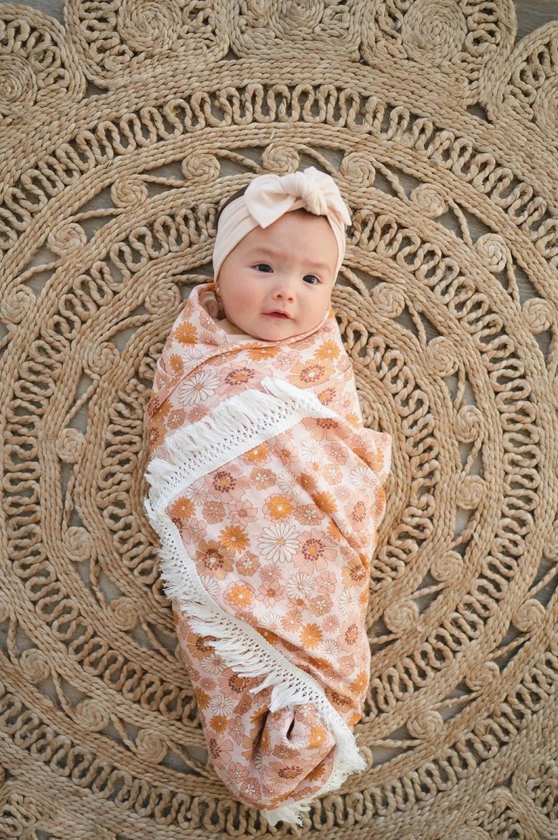 Harp Angel Boutique Soft Muslin Swaddle Blanket with Retro Floral Design for Newborns - 