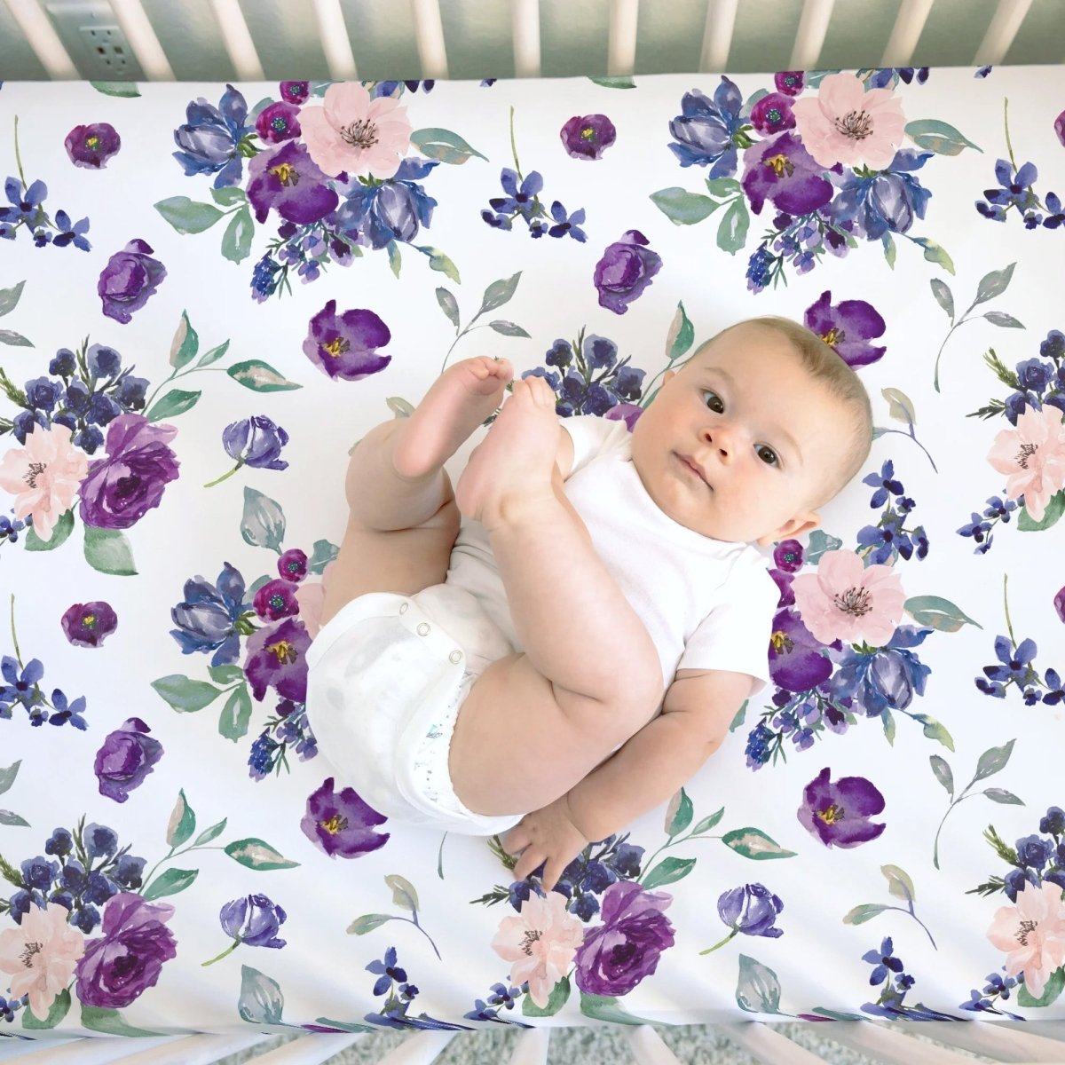 Honey Lemonade Soft Rayon Fitted Crib Sheet with Purple and Blush Floral Design for Babies - 