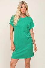 PinkBlush Soft Ribbed Green Dress with Front Pocket for Effortless Casual Style - 
