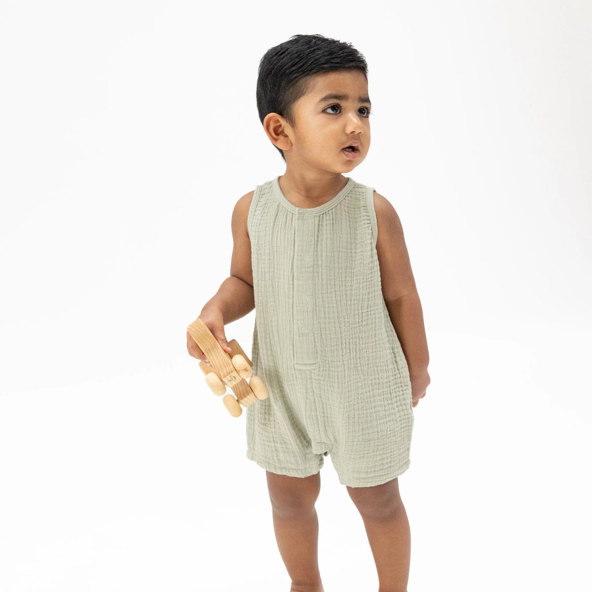 Angel Dear Solid Muslin Desert Green - Sleeveless Shortie Romper - 