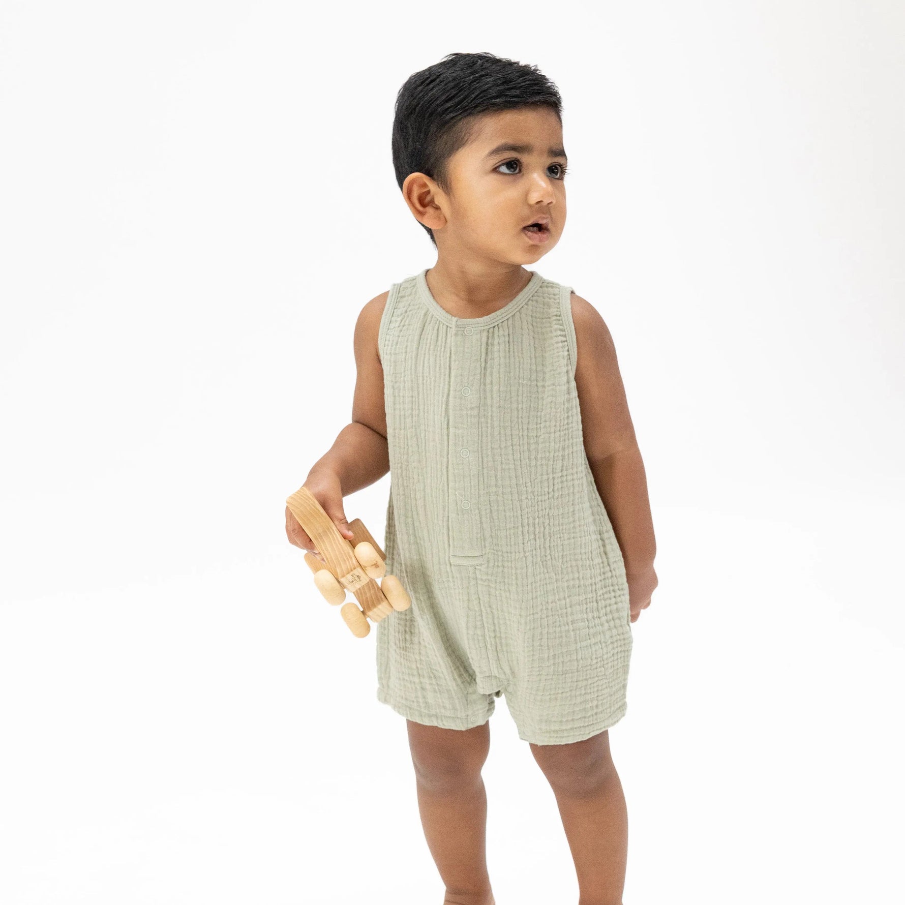 Angel Dear Solid Muslin Desert Green - Sleeveless Shortie Romper - 