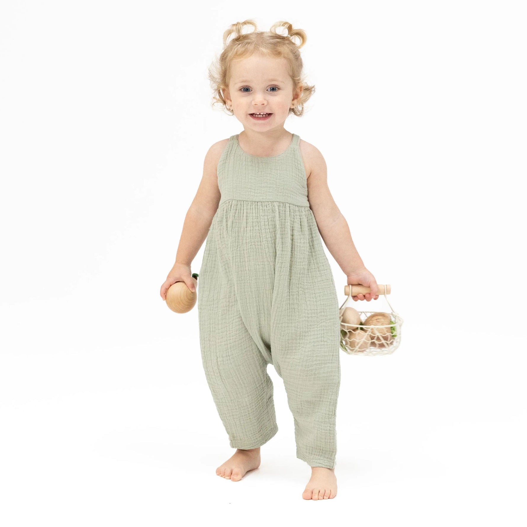 Angel Dear Solid Muslin Desert Green - Tie Back Romper - 