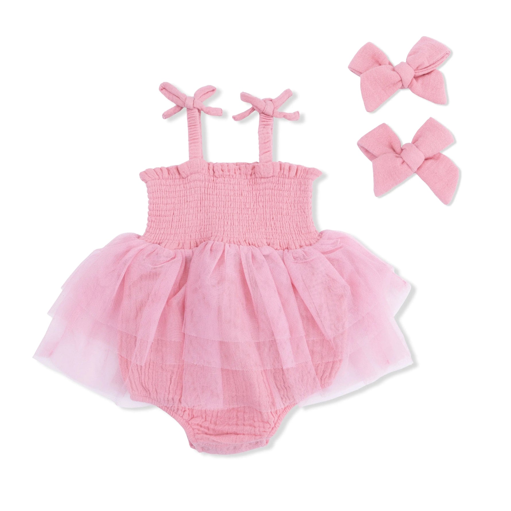 Angel Dear Solid Muslin Poignant Pink - Tutu Bubble & 2 Pack Bow Clips Set - 