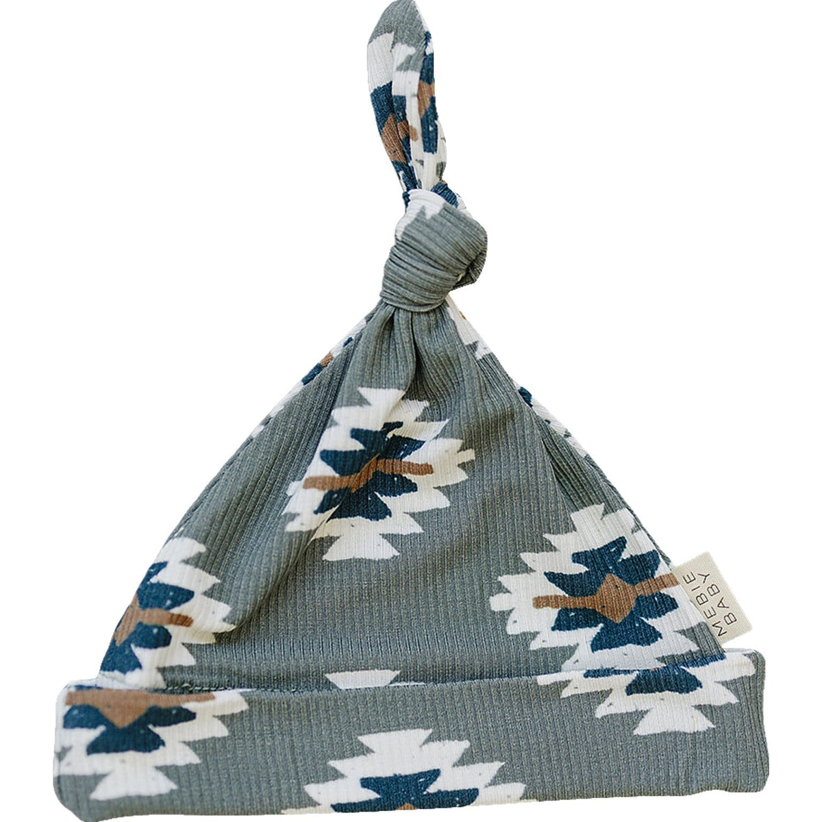 Newborn knot hat with a Southwest Aztec pattern in soft ribbed bamboo fabric.